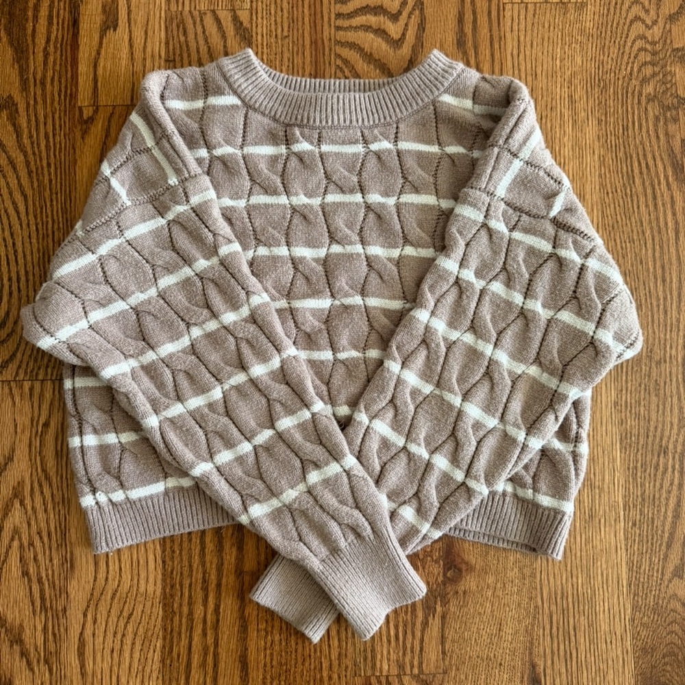 Pink Rose Taupe and White Cable Knit Sweater